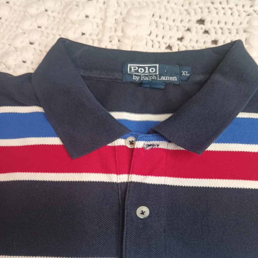 Vtg Polo Ralph Lauren Polo Shirt XL Men Blue Red White Stripe USA Pony Kanye Y2K